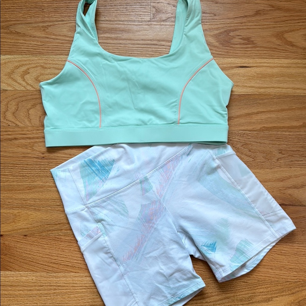 Fabletics Mint Green Sports Bra and White Patterned Shorts